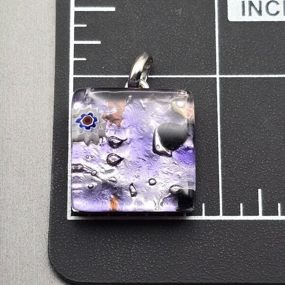 Murano Dichroic Glass Pendant 1"x.75" Purple w/ Millefiori Accent Signed ` - Picture 3 of 4